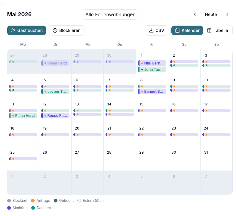 Belegungskalender mit Buchungen im Mai 2026