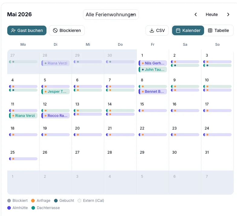 Belegungskalender mit Buchungen im Mai 2026