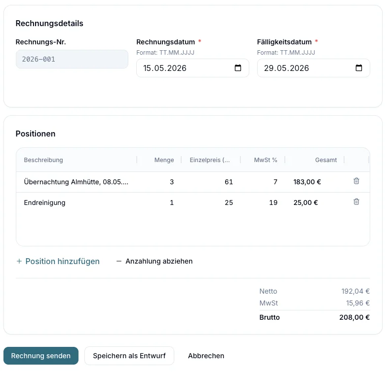 Rechnung erstellen: Rechnungsdetails, Positionen und Summen im Vermieter-Portal