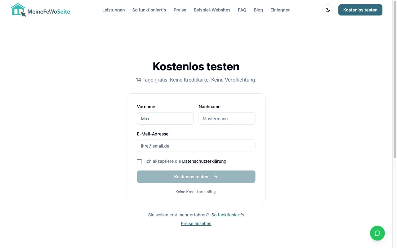Screenshot des Registrierungsformulars
