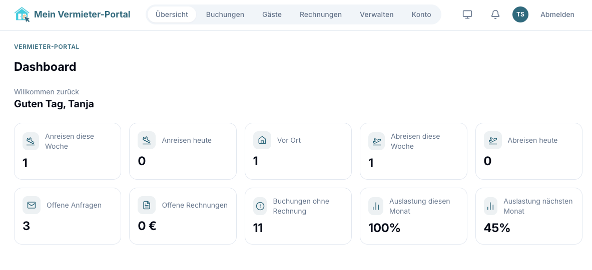 Screenshot der Vermieter-Portal Übersicht