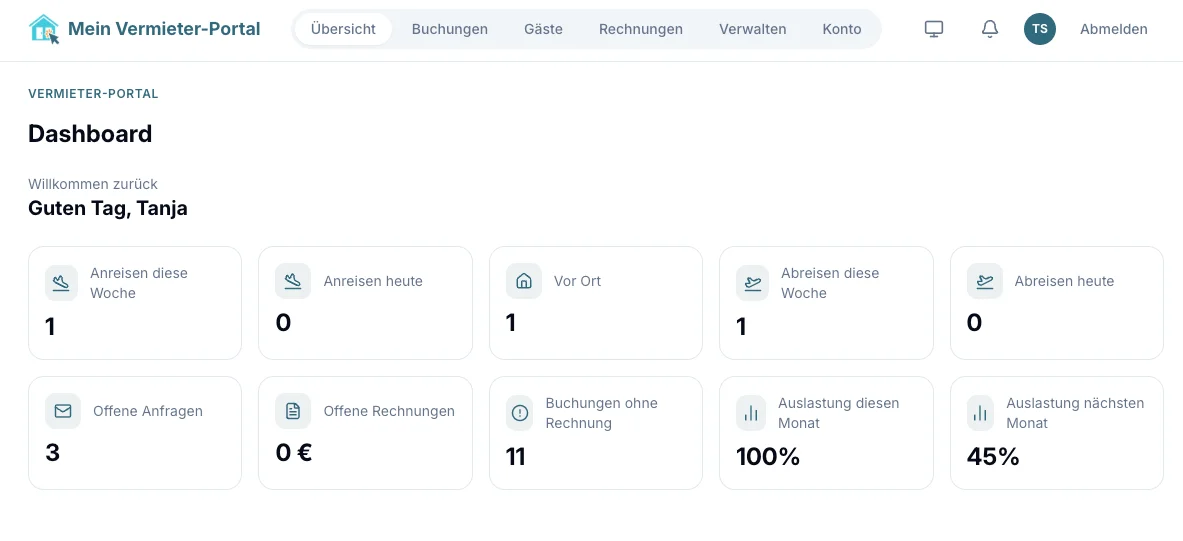 Screenshot der Vermieter-Portal Übersicht