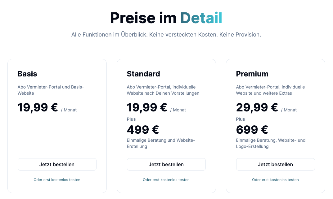 Screenshot der Preisübersicht