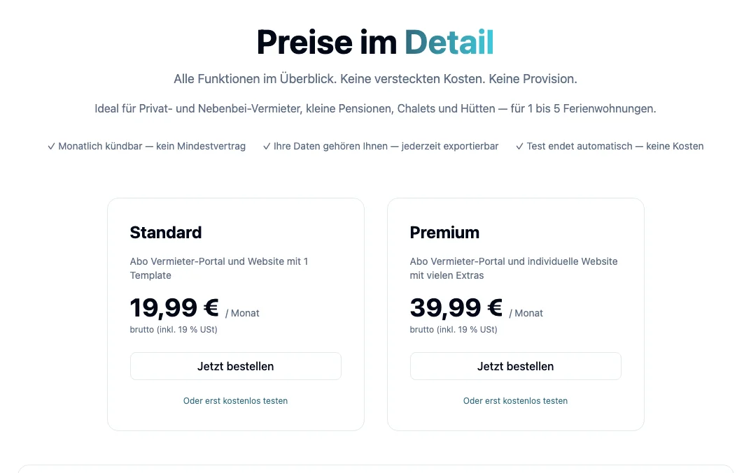 Screenshot der Preisübersicht