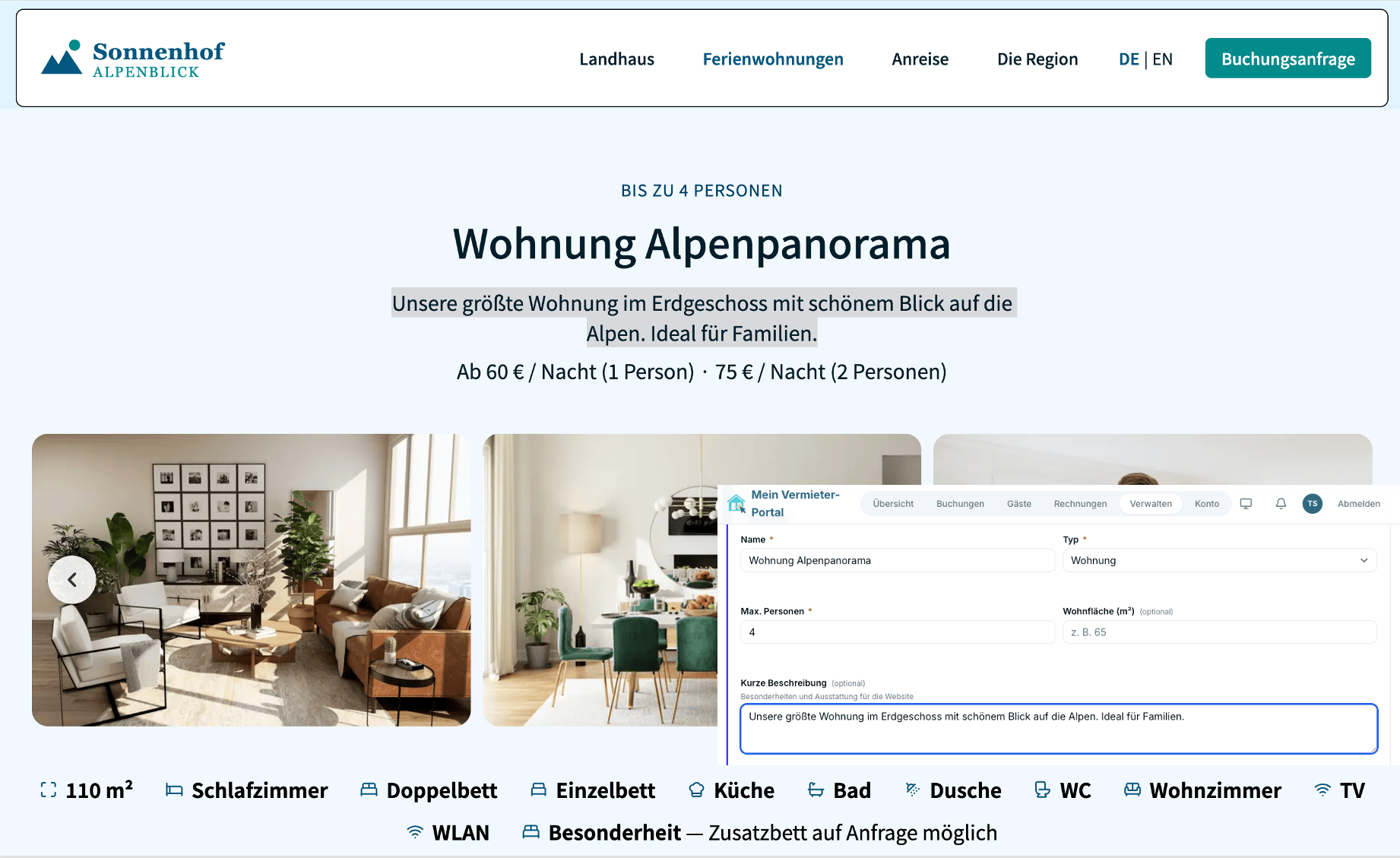 Screenshot der Website-Bearbeitung im Vermieter-Portal
